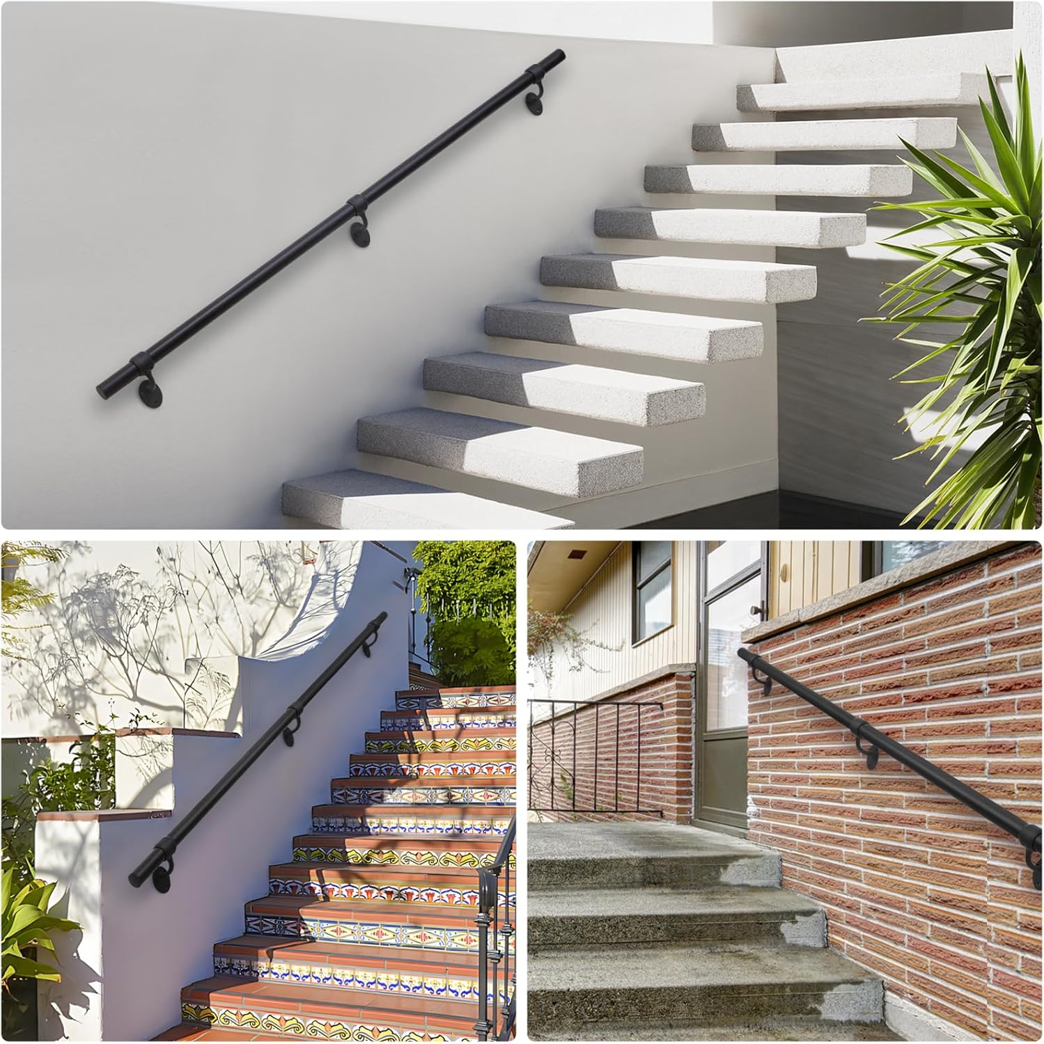 Stair Railing Indoor Metal Hand Rails for Indoor Stairs 1.5 Pipe Aluminum Wall Mounted Outdoor Handrail for Steps Black Industrial Handrail for Stairs 8ft